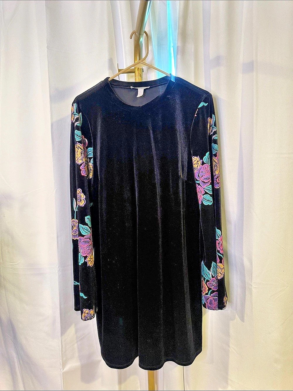 ASOS Velvet Floral Embroidered Sleeve Mini Dress Black Multicolor Size 12